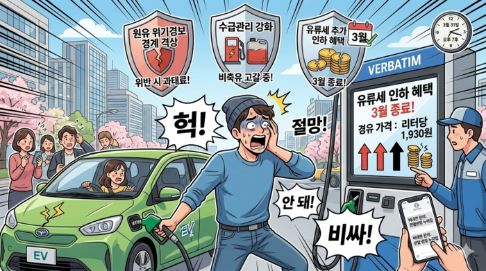 주유소에 기름 넣으려다 마는 사람의 이미지를 일본 만화 스타일 포스터