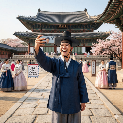 고궁에서 한복입고 셀카를 찍고있는 행복한 표정의 남자