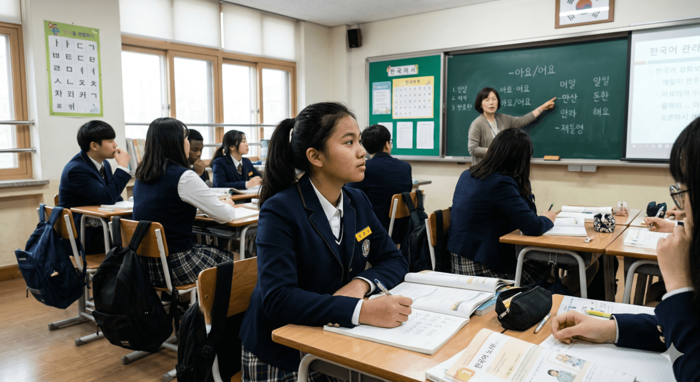 한국 학교에서 한국어 수업을 듣고있는 이주배경학생